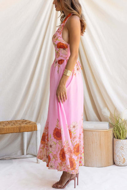 Cardydony Women's Sunflower Print V-neck Fitted Waist Elegant Maxi Dress