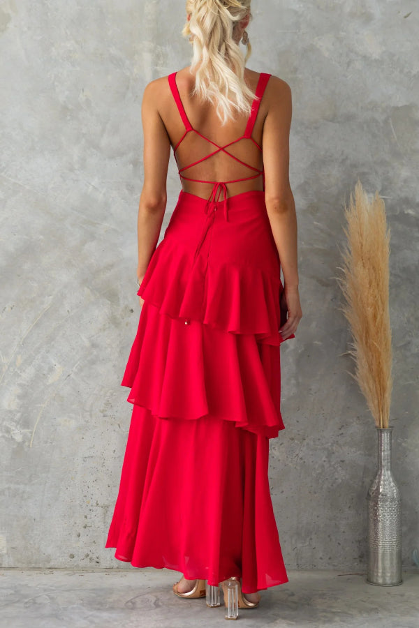 Cardydony Women's Solid Color V-neck Sleeveless Elegant Layered Maxi Dress