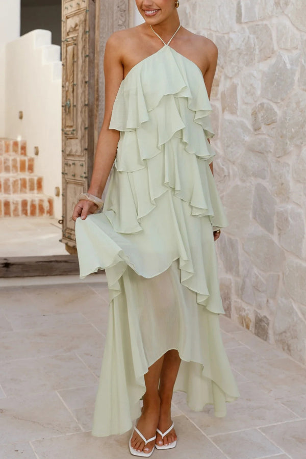 Cardydony Women's Solid Color Chiffon Halter Neck Elegant Ruffle Maxi Dress
