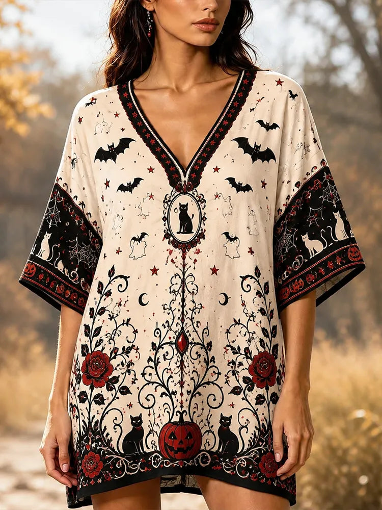Cardydony Women's Casual V-neck Kimono-style Mini Dress With Halloween Bat, Black Cat, Pumpkin, And Gothic Rose Print