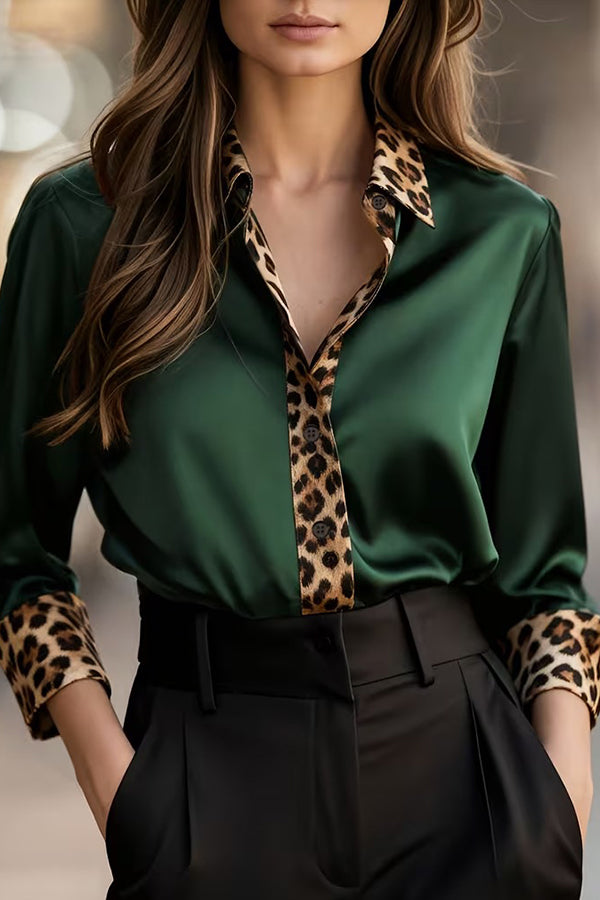 Cardydony Women's Satin Leopard Print Patchwork Casual Long-sleeved Shirt