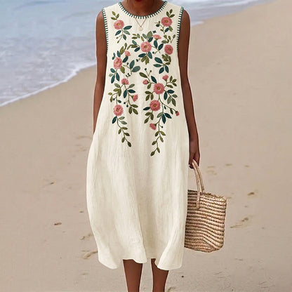 Cardydony Women's Bohemian Floral Pattern Round Neck Sleeveless Loose Midi Dress