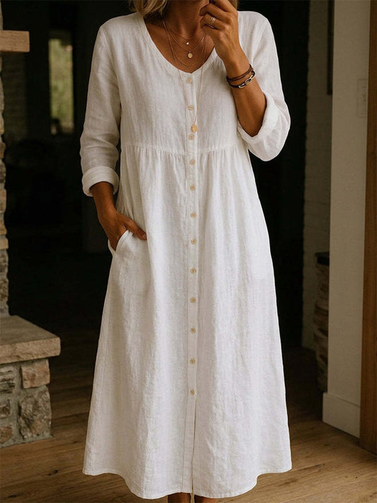 Cardydony Women's Solid Color Buttons Linen Blend Maxi Dress