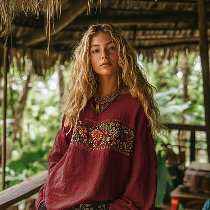 Cardydony Retro Bohemian Art Embroidery Print Cotton And Linen Blend Loose Blouse