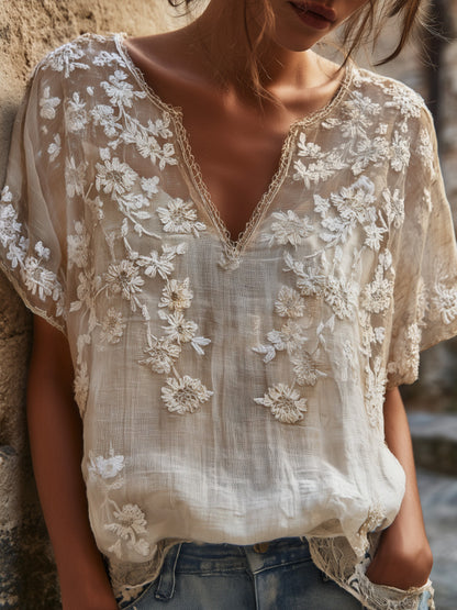 Cardydony Women's White Floral And Lace Art Linen Blend Casual Short Sleeve Top