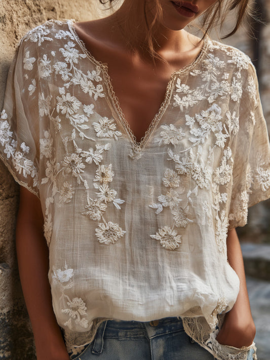 Cardydony Women's White Floral And Lace Art Linen Blend Casual Short Sleeve Top