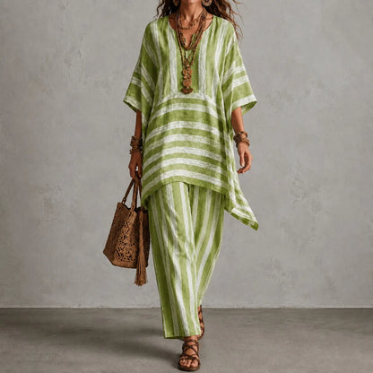 Cardydony Elegance V-neck Loose Striped Top + Loose Wide-leg Pants Two-piece Set