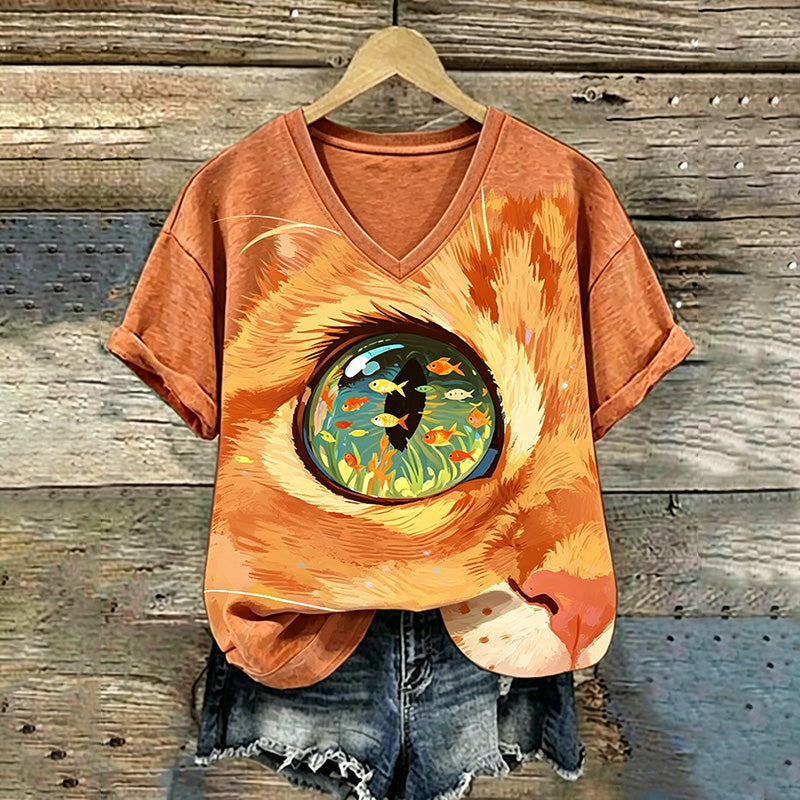 Cardydony Retro Cute Cat And Fish Pattern Casual T-shirt