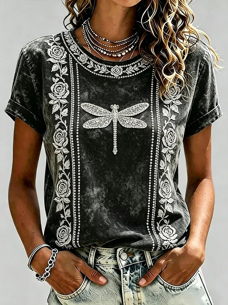 Cardydony Women's Retro Vacation Floral Dragonfly Round Neck Short Sleeve Linen Top