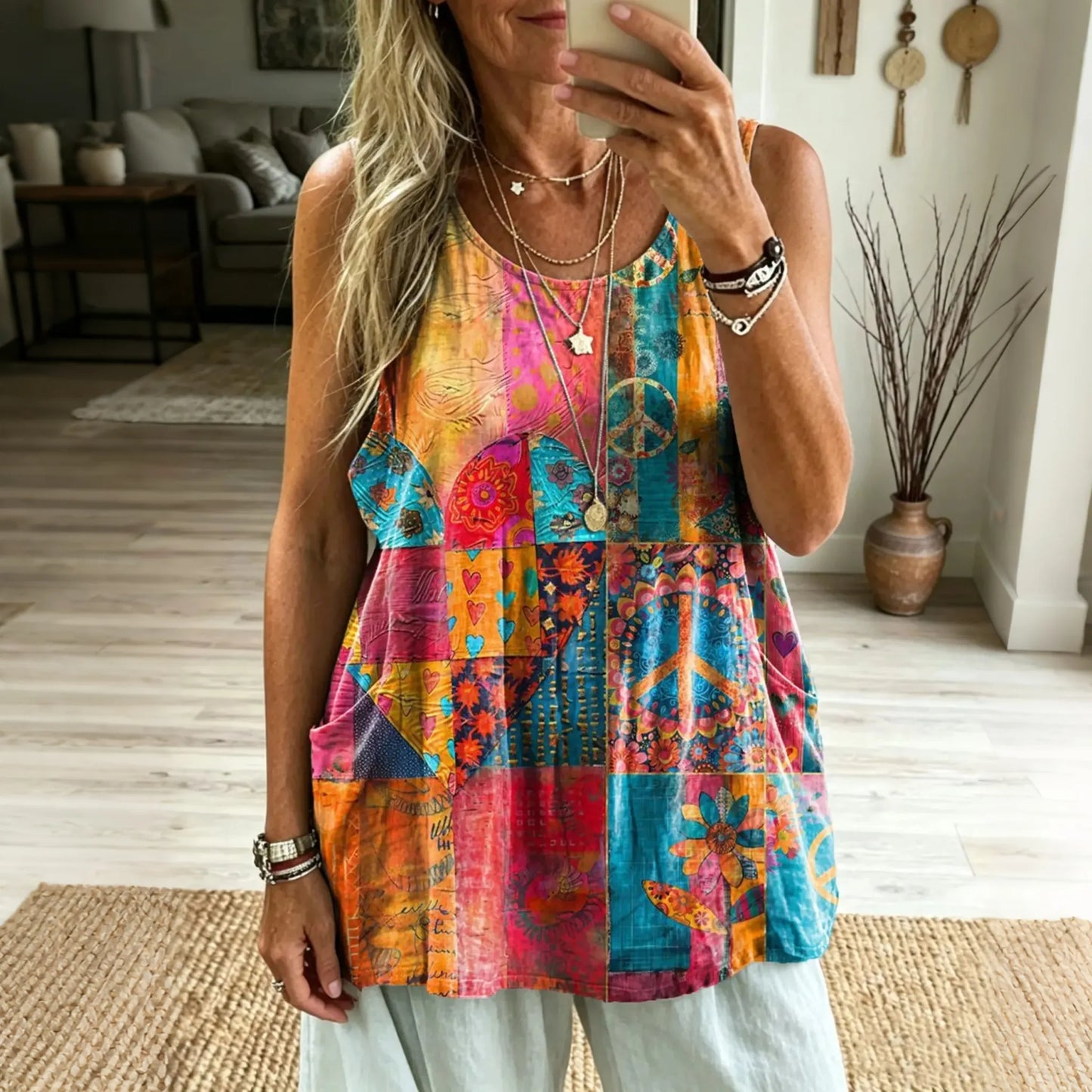 Cardydony Women's Color-blocked Hippie Print Linen Vest