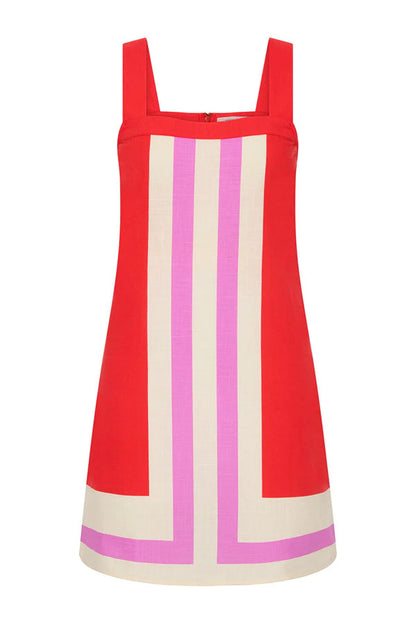Cardydony Women's Mika Linen Blend Contrast Color Lines Square Neck Loose Mini Dress