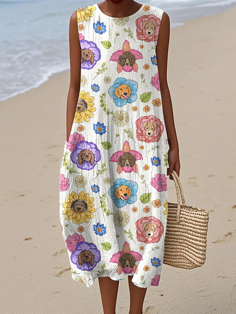 Cardydony Women's Cute Dogs And Floral Print Linen Blend Tank Midi Dress