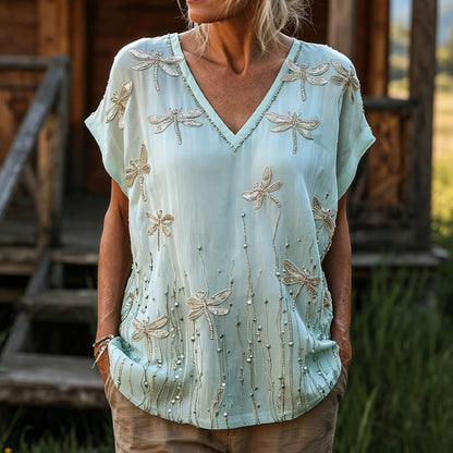 CardydonySage Light Blue Allover Dragonfly Embroidery V Neck Short Sleeve Top For Women