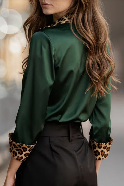 Cardydony Women's Satin Leopard Print Patchwork Casual Long-sleeved Shirt