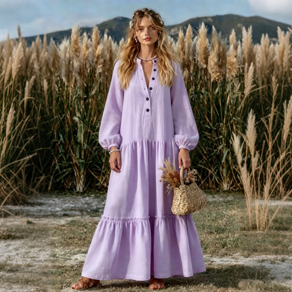 Cardydony Women's Cotton And Linen Retro Casual Long-sleeved Dress