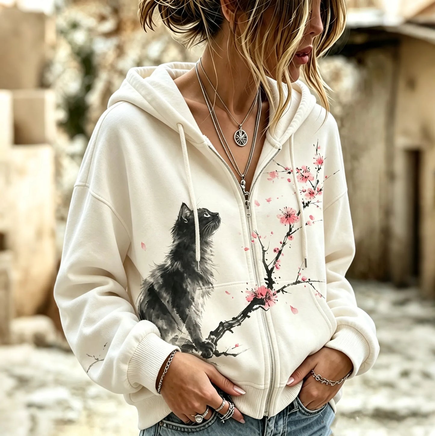 Cardydony Women's Retro Japanese Cherry Blossom And Cute Cat Art Pattern Comfortable Warm Zip-up Hoodie