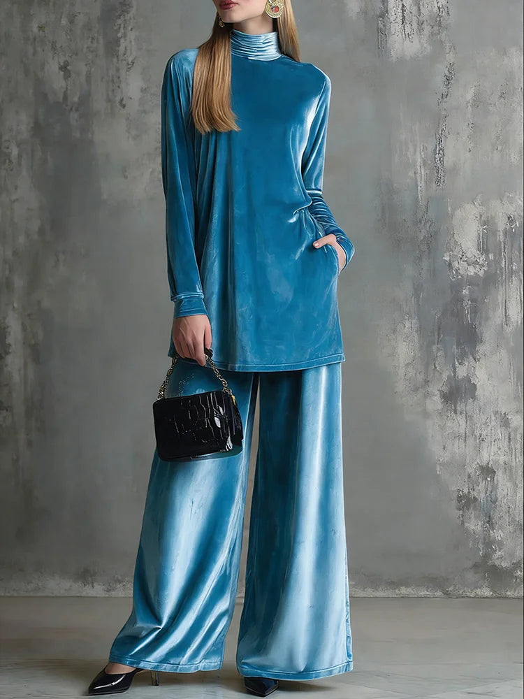 Cardydony Classy Velvet Turtleneck Slit Top & Wide Leg Pants Set