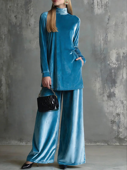 Cardydony Classy Velvet Turtleneck Slit Top & Wide Leg Pants Set