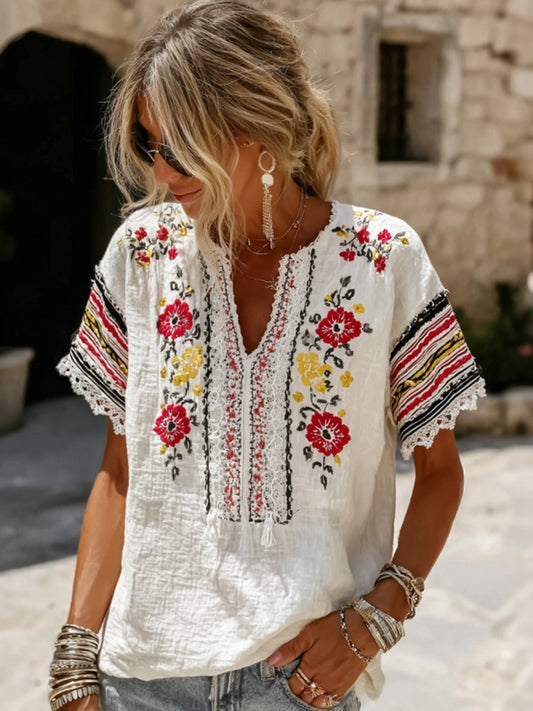 Cardydony Women's Retro Floral Embroidered Patchwork Art V Neck Linen Blend T-shirt