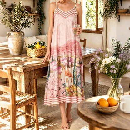 Cardydony Landscape Print Satin Sleeveless Midi Dress