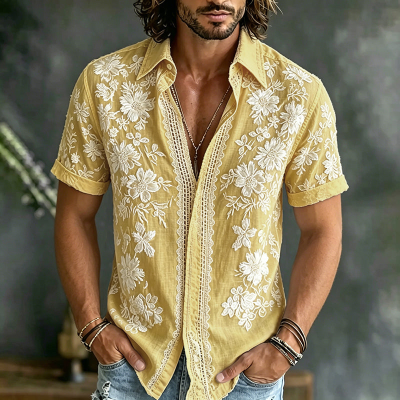 Cardydony Men's Floral Art Embroidery Casual Cotton Linen Shirt
