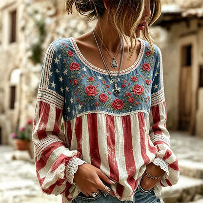 Cardydony Women's Retro Independence Day Anniversary Flag Print Art T-shirt