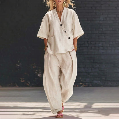 Cardydony Casual Solid Color V-neck Loose Short-sleeved Top And Trousers Two-piece Set