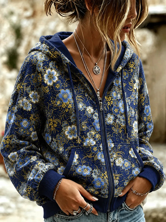 Cardydony Women's Vintage Aw Fall Floral Art Flowy Hooded Zipper Tops