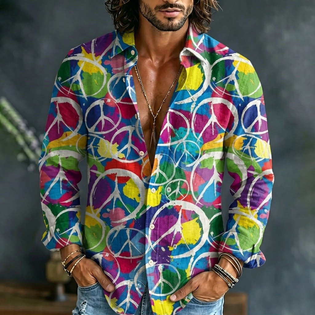 Cardydony Men's Hippie Colored Peace Symbol Print Shirt