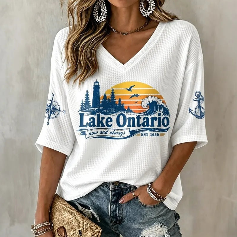 Cardydony V-neck Retro Lake Ontario Now And Always Est 1656 Print T-shirt