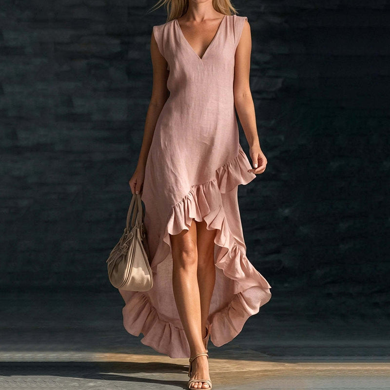 Cardydony Sleeveless V-neck Ruffled Hem Linen Dress