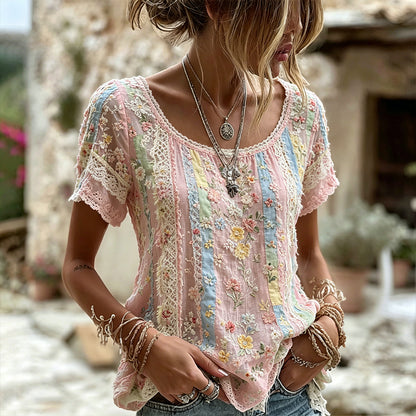 Cardydony Women's Handmade Floral Embroidery And Lace Art Splicing Lightweight Cotton Linen Round Neck Short Sleeve Top