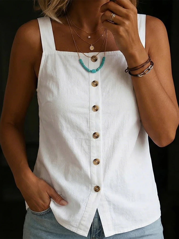 Cardydony Women's Vintage Simple Buttons Cotton Linen Sleeveless Top