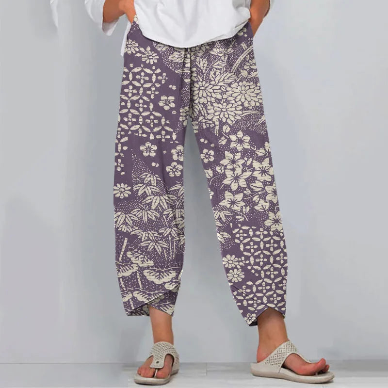Cardydony Vintage Japanese Art Flower Print Casual Pants