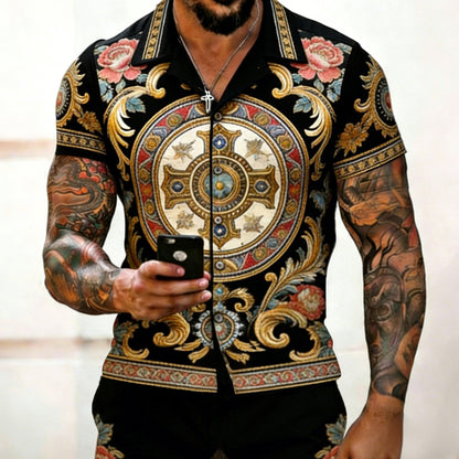 Cardydony Men's Fashion Floral Pattern Cuban Shirt And Shorts Two-piece Set