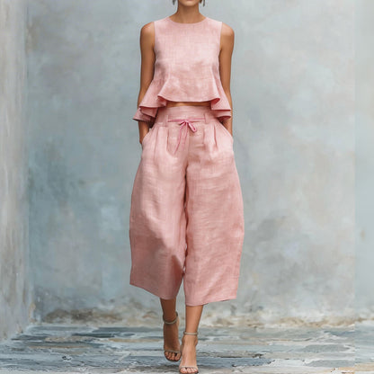 Cardydony Women's Ruffled Linen-blend Two-piece Set