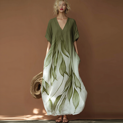 Cardydony Plant Pattern Design Casual Linen Dress