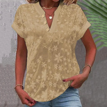 Cardydony Women's Retro Embroidered Buttons V Neck Shirt