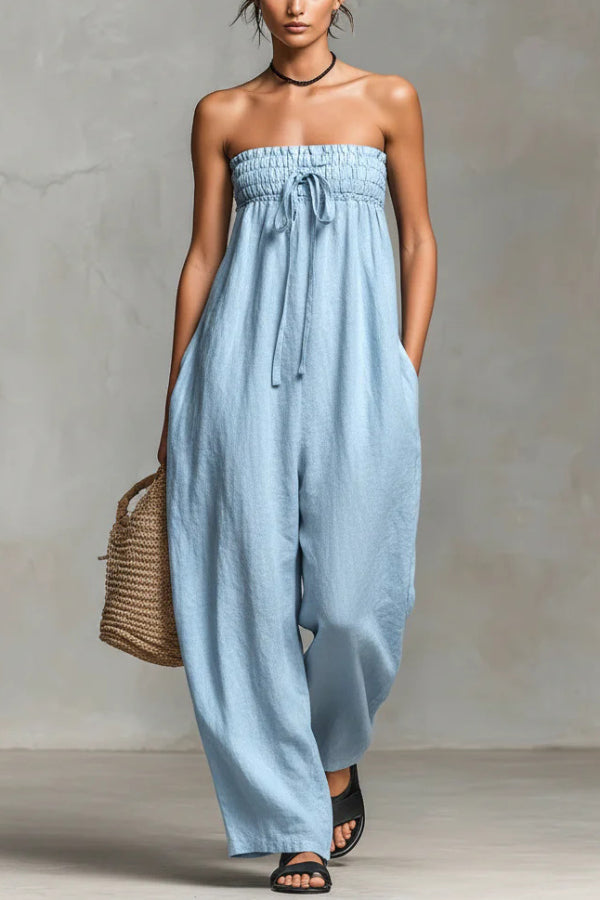Cardydony Women's Linen Blend Sleeveless Off-shoulder Pleated Drawstring Loose Pocket Jumpsuit