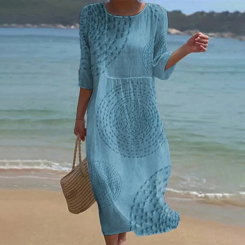 Cardydony Vintage Patchwork Art Pattern Linen Blend Loose Three-quarter Sleeve Dress