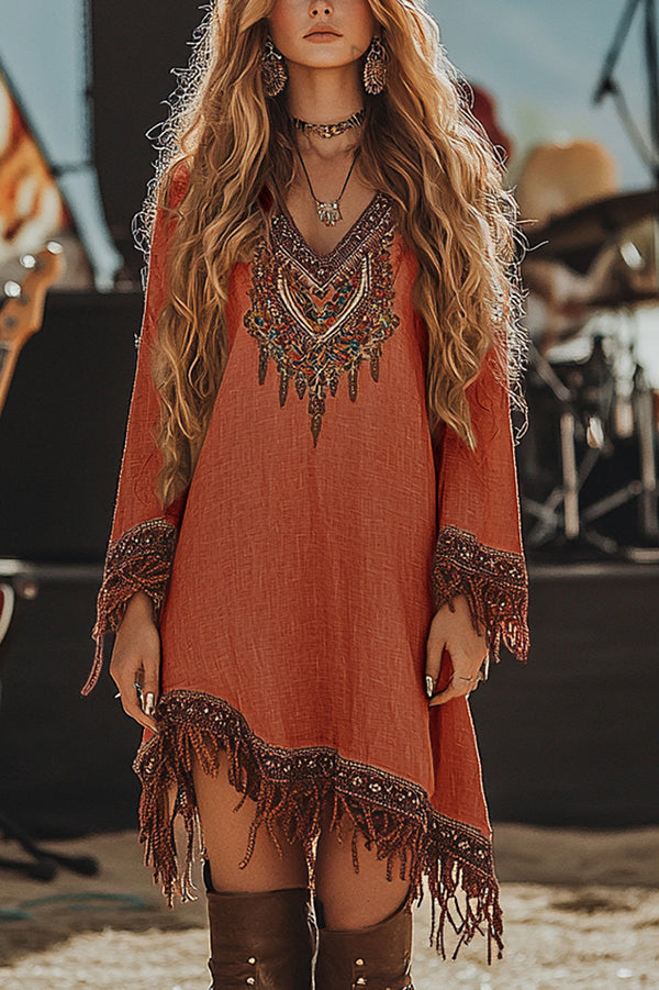 Cardydony Women's Unique Printed V-Neck Long Sleeve Fringe Loose Mini Dress