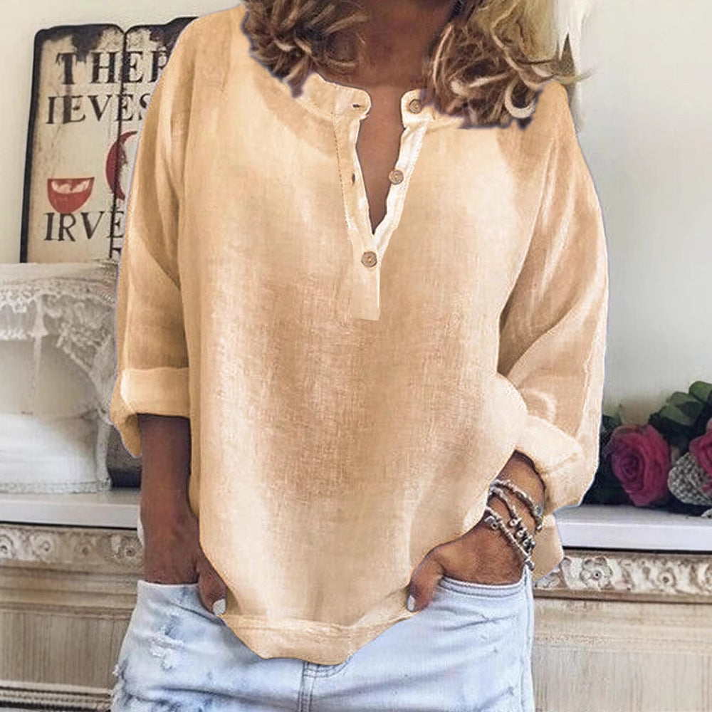 Cardydony Women's Solid Color V-neck Long Sleeve Linen Blend Shirt