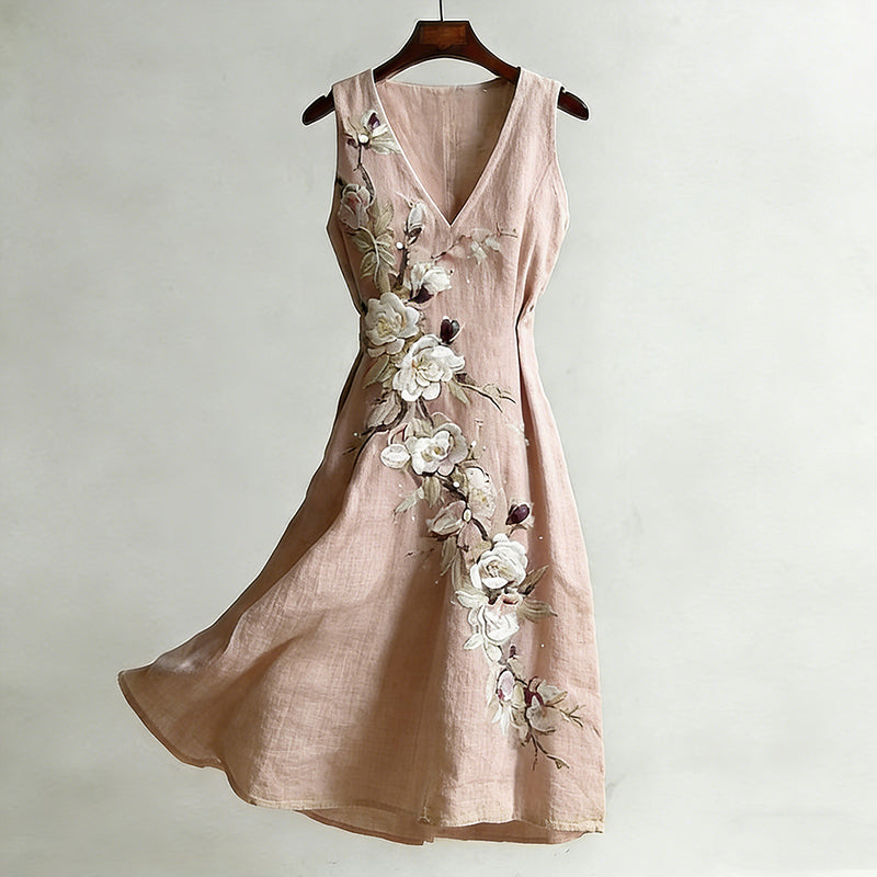 Cardydony Women's Vintage Rose And Plum Blossom Pattern Casual Linen Blend Dress