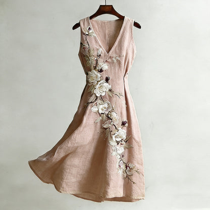 Cardydony Women's Vintage Rose And Plum Blossom Pattern Casual Linen Blend Dress