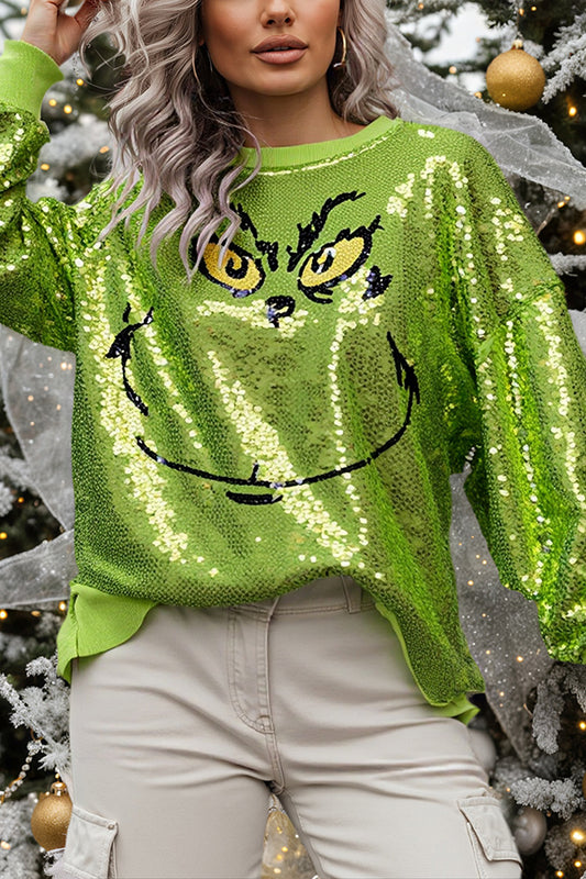 Cardydony Women's Mr Grinch Sequin Unique Pattern Long Sleeve Loose Sweatshirt