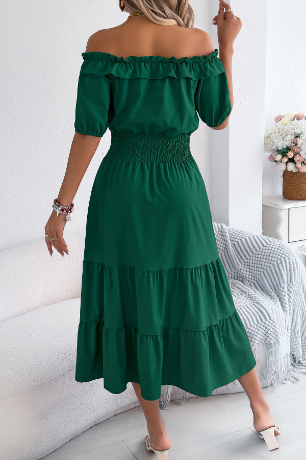 Cardydony Women's Stylish Off-shoulder Short-sleeved Pleated Waist Casual Midi Dress