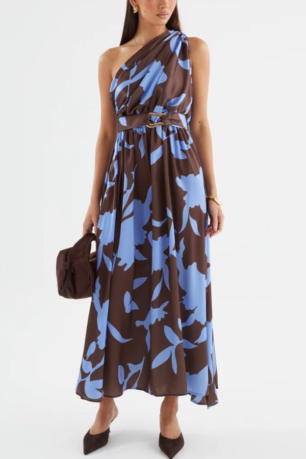 Cardydony Women's Unique Printed One-Shoulder Belt Casual Holiday Maxi Dress