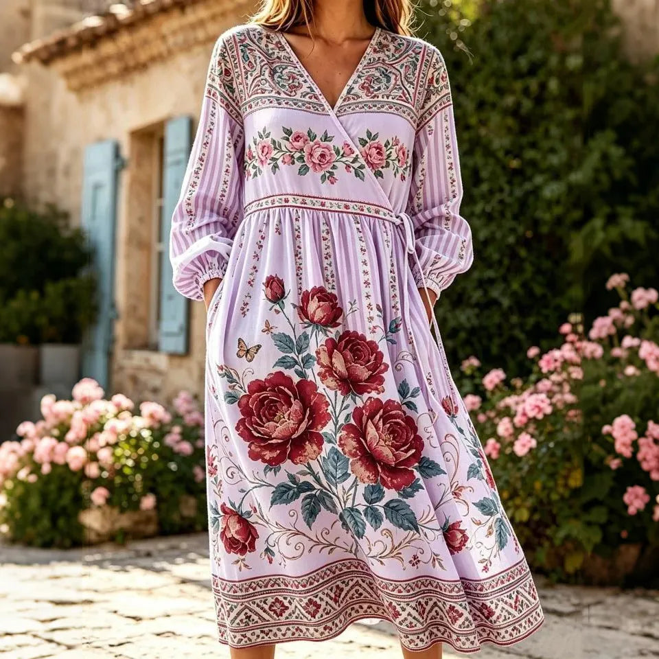 Cardydony Women's Retro Resort Floral Striped Print Cotton Linen Dress