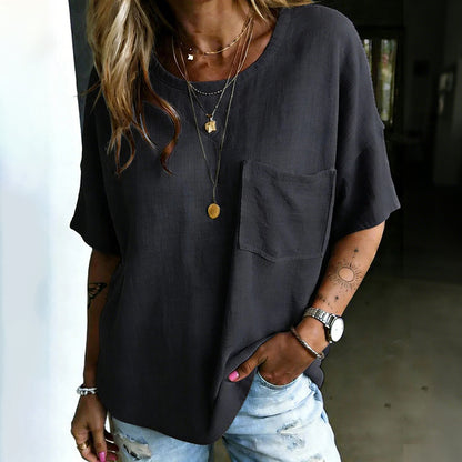 Cardydony Women's Vintage Casual Cotton And Linen Loose Pocket Top
