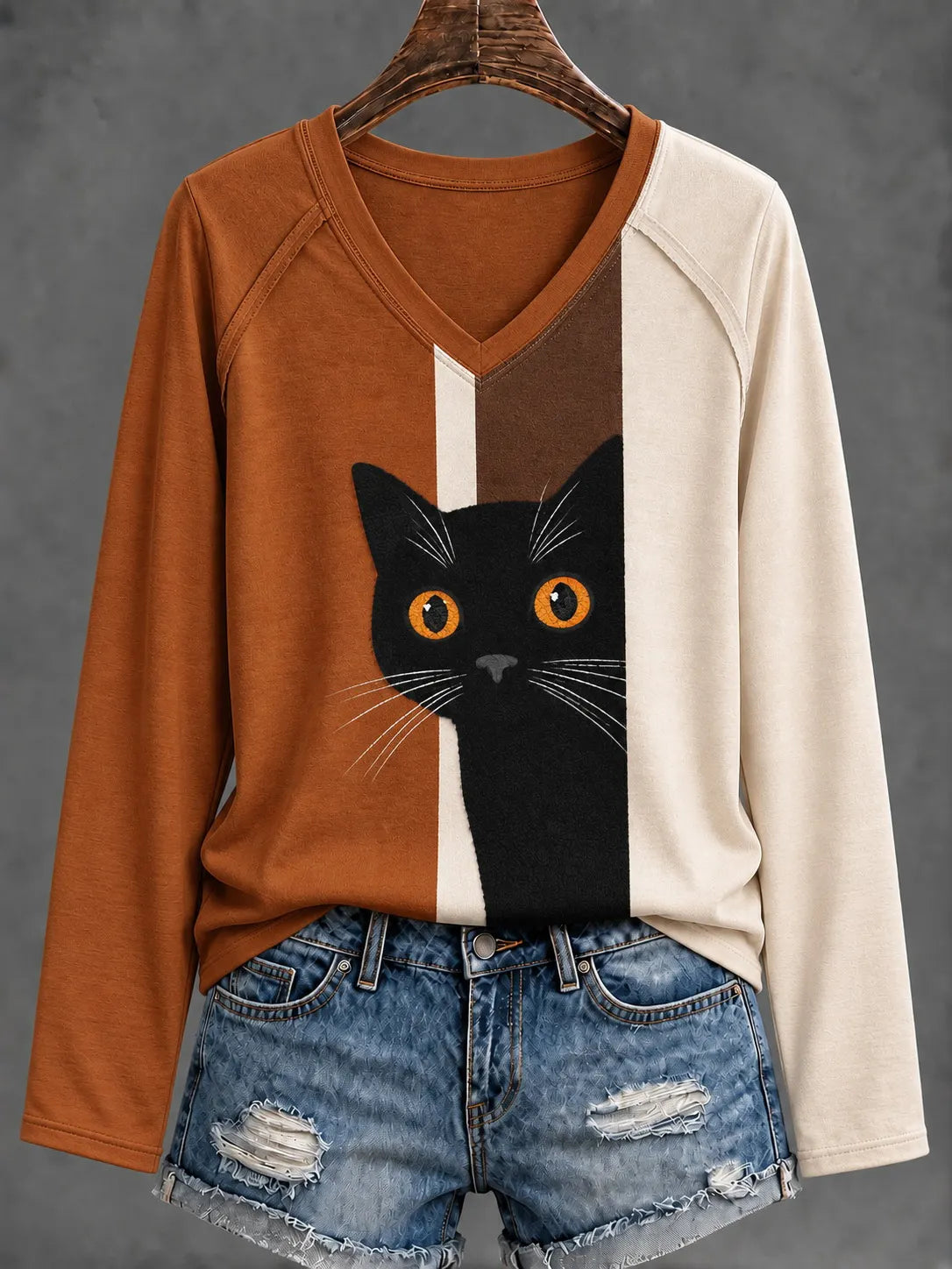 Cardydony Women's Cute Peeking Black Cat Abstract Art Print Casual Long-sleeve T-shirt
